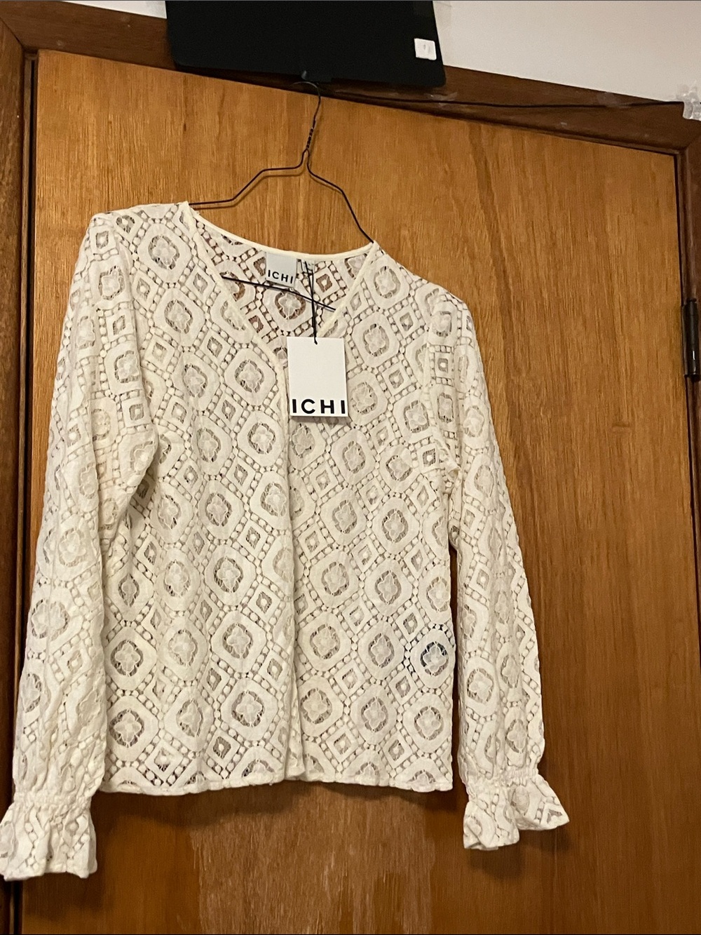 ICHI Cream Lace Open-Front Long-Sleeve Blouse